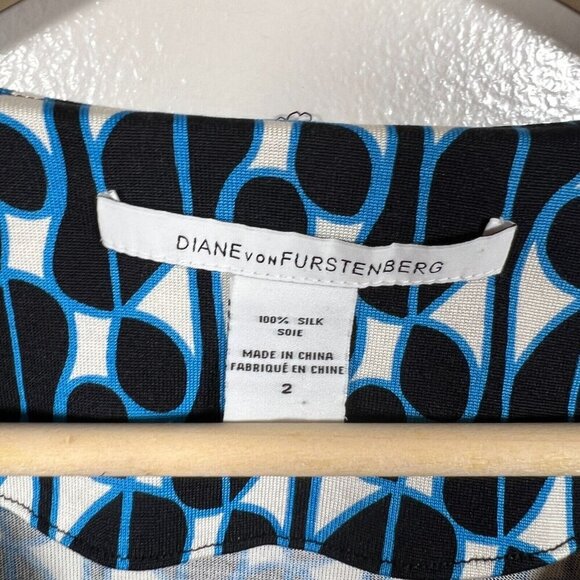 DVF Diane Von Furstenberg Reina Dress Size 2 Silk Blue Black Long Sleeve Shift - Picture 3 of 9